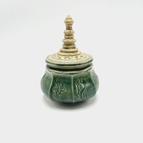 Handmade Studio Art Pottery Urn Green Glaze Lidded Asian Style Spire Signed 6.5" - Picture 1 of 12
